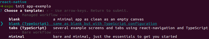 Seleção de template do expo init, com blank (TypeScript) marcado