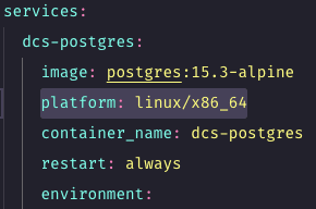 Compose com platform linux/x86_64 no serviço dcs-postgres