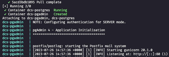 Containers dcs-postgres e dcs-pgadmin no ar, pgAdmin na porta 80