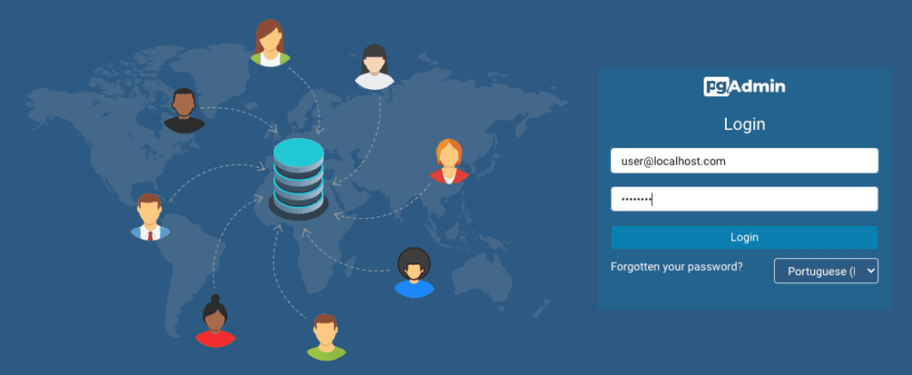 Tela de login do pgAdmin com o e-mail user@localhost.com
