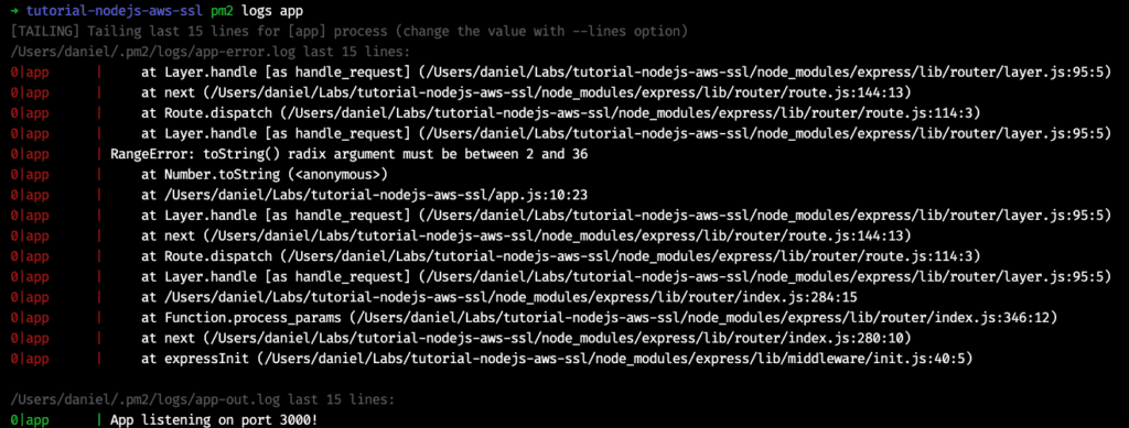 Logs do PM2 com um RangeError e App listening on port 3000
