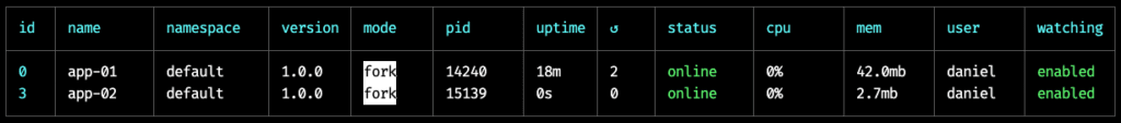 Tabela do PM2 com app-01 e app-02 online em modo fork