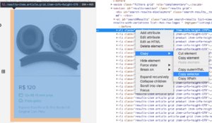 Inspecionar elemento no Chrome com Copy selector no card do produto